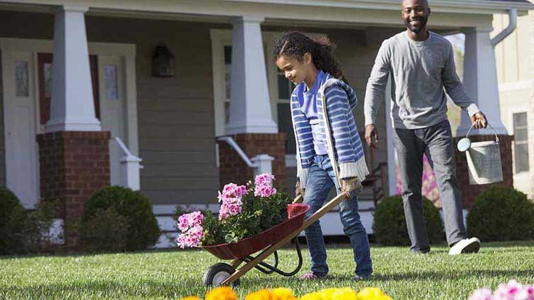 Dad smiling at his young daughter pushing flowers to plant in a wheelbarrow.